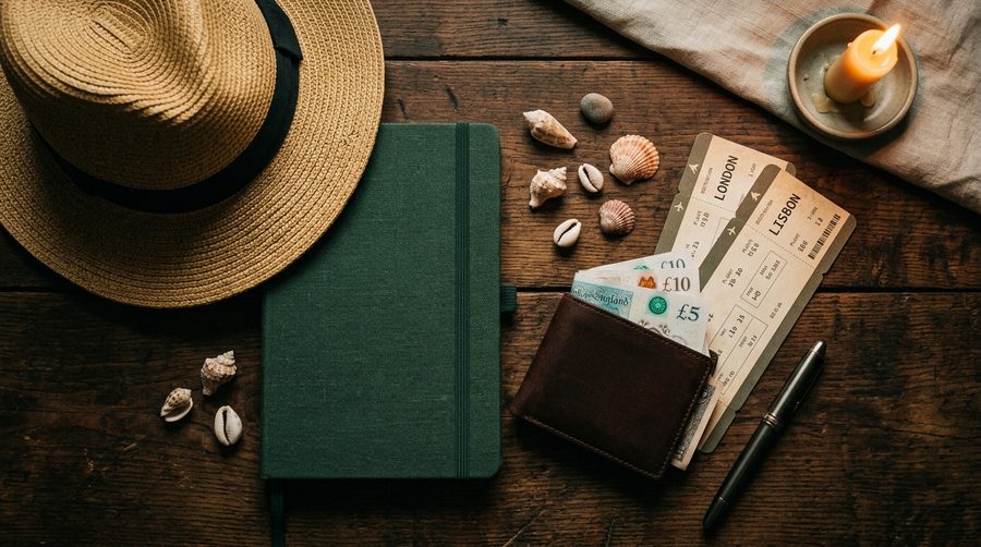 Meja kayu dengan topi jerami, dompet, buku catatan tertutup, pena, dan tiket disusun rapi untuk merencanakan anggaran perjalanan
