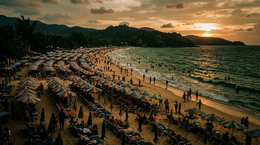 Barisan payung pantai berjejal tertata rapat di pantai tropis yang padat pengunjung saat musim puncak