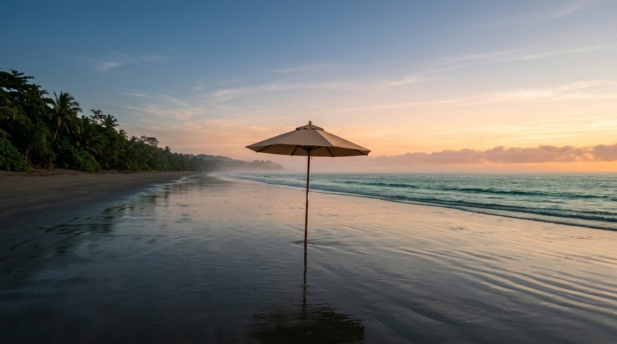 Pantai tropis sepi saat fajar dengan satu payung pantai berdiri sendiri dan air laut surut yang tenang