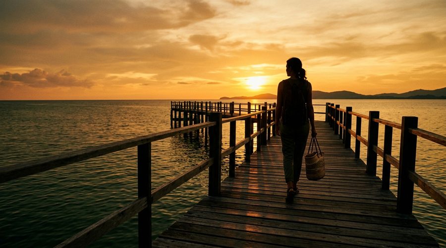 Siluet wisatawan berjalan menjauh di dermaga saat senja membawa tas anyaman dengan suasana tenang
